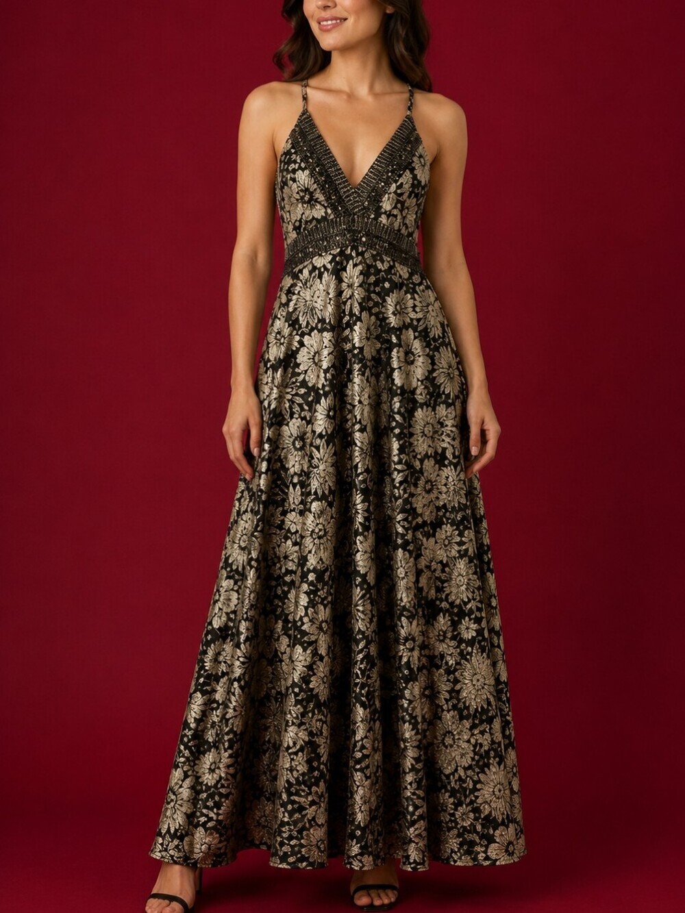 KEDROS Metallic Floral Spaghetti Strap V-Neck Crisscross Maxi Slip Dress